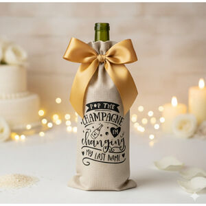 Pop the Champagne I’m Changing My Last Name Burlap Wine Bag – Bridal Gift